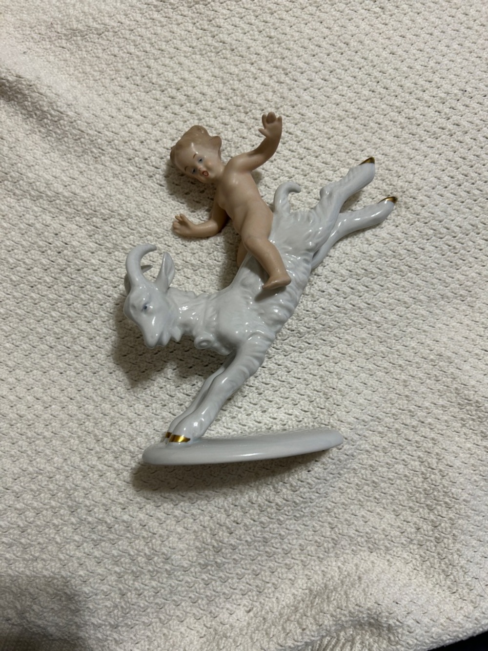 Wallendorf 1950’s Vintage Porcelain Cherub Riding Goat Figurine w/ Gold Accents